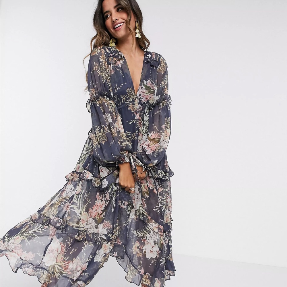 ASOS pleated tiered midi dress in navy floral print